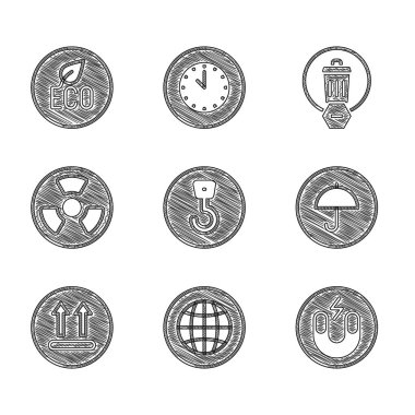 Endüstriyel kancayı, sosyal ağı, mıknatısı, şemsiyeli teslimat paketini, sıcaklığı, radyoyu, çöp tenekesini ve Yaprak Eko simgesini ayarla. Vektör