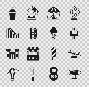 Swing uçağı, tahterevalli, çekici atlıkarınca, sirk çadırı, Hotdog sandviçi, hız treni, su ve dondurma külahlı kağıt bardak. Vektör