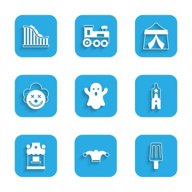 Hayalet, zilli Jester şapkası, dondurma, sirk bileti, bilet gişesi, palyaço kafası, çadır ve lunapark treni ikonu. Vektör