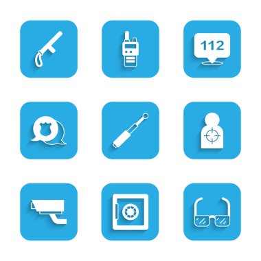 Teleskopik cop, Güvenli, Güvenlik gözlükleri, atış için hedef insan sporu, güvenlik kamerası, polis rozeti, telefon çağrısı 112 ve plastik ikon. Vektör