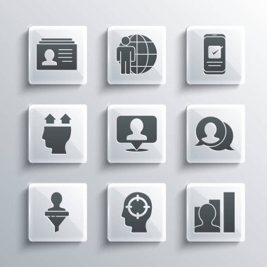 Set Kafa Avcılığı, Üretken İnsan, Konuşma Balonu Sohbeti, Kişiyle Yer, Kullanıcı, Özgeçmiş ve Akıllı Telefon simgesi. Vektör