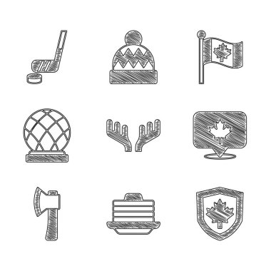 Geyik boynuzları, krep yığını, Kanada bayrağı kalkan, Kanada akçaağaç yaprağı, tahta balta, Montreal Biyosfer, Bayrak ve Buz hokeyi sopası ve disk ikonu. Vektör