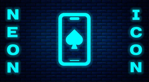 Glowing Neon Online Poker Table Game Icon Isolated Brick Wall — Stock Vector
