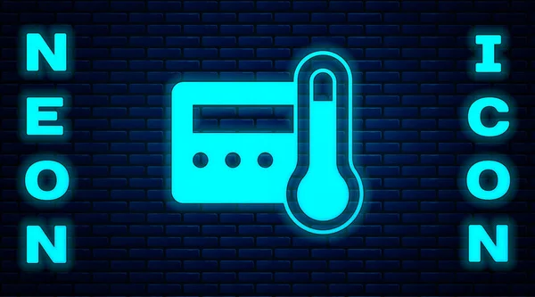 Icône Thermostat Néon Lumineux Isolée Sur Fond Mur Briques Contrôle — Image vectorielle