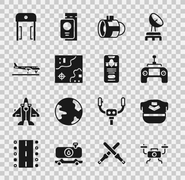 Set Drone flying, Pilot hat, remote control, Jet engine turbine, World travel map, Plane, Metal detector airport and Mobile with ticket icon. Vector
