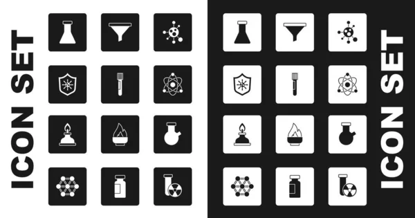 设置分子 试管和瓶 防毒盾 漏斗或过滤器 和酒精烈酒燃烧器图标 — 图库矢量图片