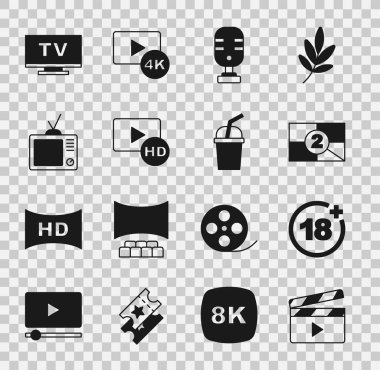 Film alkışını ayarla, artı 18 film, eski film geri sayım çerçevesi, mikrofon, Hd teybi, Retro TV, Akıllı TV ve su ikonlu kağıt bardak. Vektör