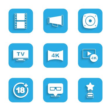 4K, 3D sinema gözlüğü, Movie kupası, artı 18 film, Smart Tv, Stereo hoparlörü ve video ikonu olan bir TV ayarla. Vektör