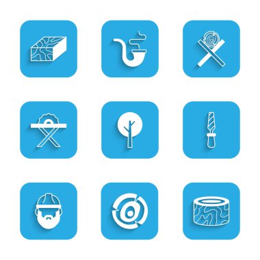 Ağaç, tahta kütük, kütük, Rasp metal dosyası, kereste, elektrikli daire testeresi, ayakta ve kiriş ikonu. Vektör