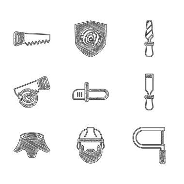 Testere, kereste, testere, keski aleti, ağaç kütüğü, el ve kütük, Rasp metal dosyası ve simgesi. Vektör