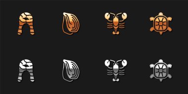 Balık bifteği, midye, ıstakoz ve kaplumbağa ikonu. Vektör