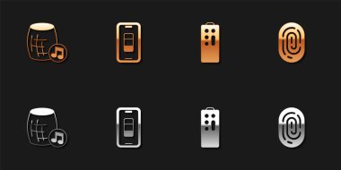 Ses asistanı, akıllı telefon şarjı, uzaktan kumanda ve parmak izi ikonu ayarla. Vektör