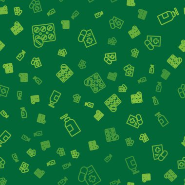 Çizgi haplarını su toplayan pakete koy, el dezenfektanı şişesine koy ve kusursuz desenli reçeteye reçete yaz. Vektör