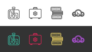 Çizgi vites kolu, alet çantası, araba tekerleği ve hız göstergesi siyah beyaz. Vektör