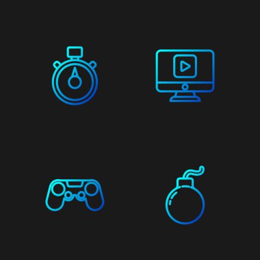 Hat bombası patlamaya hazır, Gamepad, Stopwatch ve Online oyun videosu. Renk simgeleri. Vektör