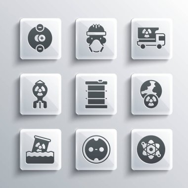 Elektrik çıkışını, Atom 'u, Dünya Gezegeni' ni ve radyasyonu varilde radyoaktif atığı, nükleer bombayı ve malzeme ikonlu kamyonu ayarla. Vektör