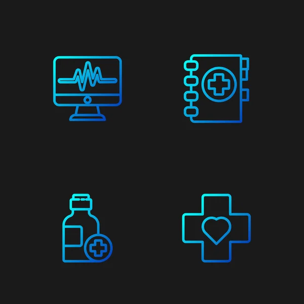 Set Line Heart Cross Bottle Medicine Syrup Monitor Cardiogram Medical — Stock Vector