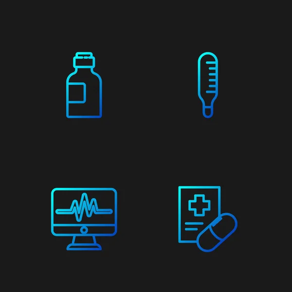 Verschreibungspflicht Für Medikamente Monitor Mit Kardiogramm Flasche Arzneisirup Und Thermometer — Stockvektor