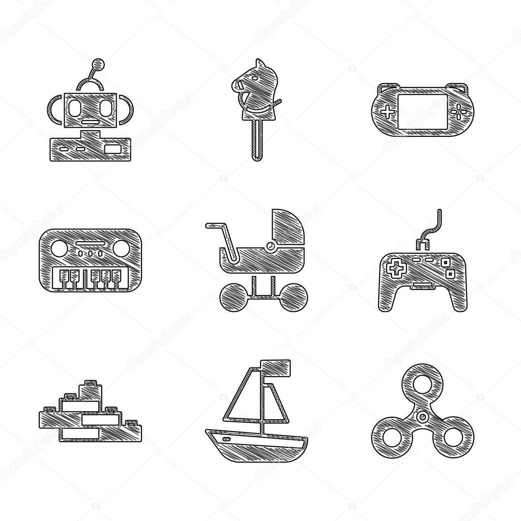 Set Baby stroller, Toy boat, Fidget spinner, Gamepad, building block bricks, piano, Portable video game console and Robot toy icon. Vector
