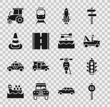 Hız limitini, trafik ışığını, çekici, alev, yol, koni, traktör ve tekne kürekleri ikonlu roket gemisini ayarlayın. Vektör