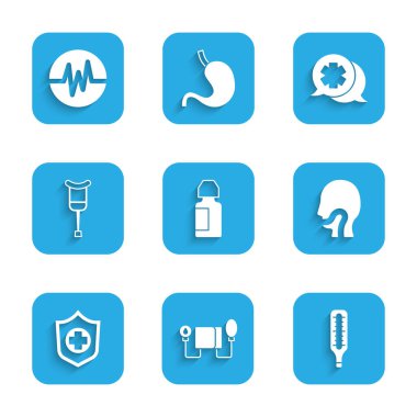 Göz damlası şişesi, kan basıncı, medikal termometre, boğaz ağrısı elinde hayat sigortası koltuk değnekleri, doktor ve kalp atış hızı ikonu ile diyalog. Vektör