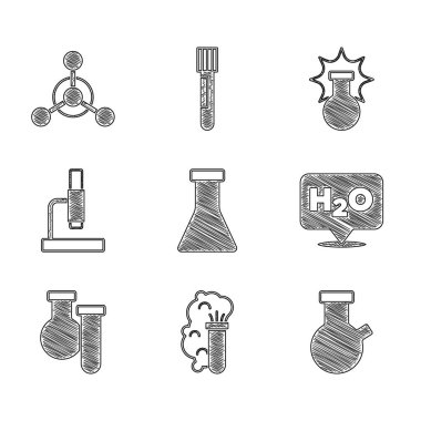 Test tüpü ve matara, kimyasal patlama, H2O, mikroskop ve molekül ikonu formülü. Vektör