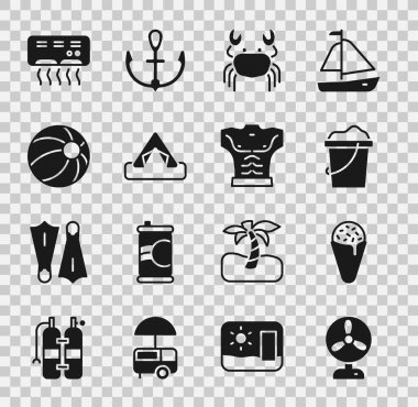Elektrik vantilatörü, waffle külahında dondurma, kum kovası, yengeç, turist çadırı, plaj topu, klima ve vücut geliştirici kas ikonu. Vektör