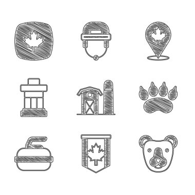 Çiftlik evi, Kanada 'nın Pennant bayrağı, Ayı kafası, patili ayak izi, Curling için taş, Inukshuk, Kanada akçaağaç yaprağı ve ikon. Vektör