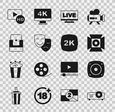 Set Filmi, Film, Medya Projektörü, Stereo hoparlörü, Sahne Işığı, Canlı Yayın, Komedi ve Trajedi Maskeleri, Sinema Sandalyesi, Hd filmi, bant, çerçeve ve 2k Ultra HD simgesi. Vektör