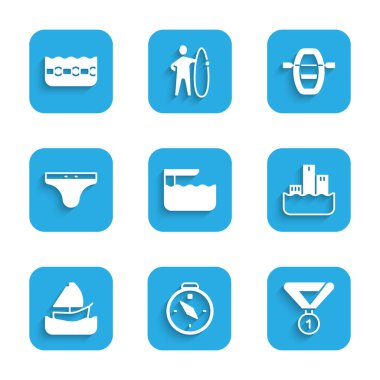 Dalış tahtası veya sıçrama tahtası, pusula, madalya, kazanan podyum, yat yelkenlisi, yüzme şortu, kürek ve bilardo ikonu. Vektör