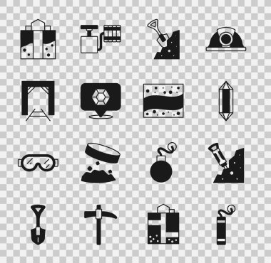 Dinamit, inşaat matkabı, taş, kürek ve maden girişi ve altın madeni ikonu. Vektör