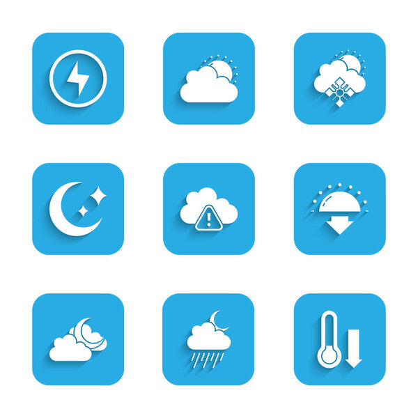 Set Storm warning, Cloud with rain and moon, Meteorology thermometer, Sunset, Moon stars, snow sun and Lightning bolt icon. Vector