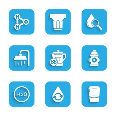 Su sürahisini filtreleme, temiz su, cam su, yangın musluğu, H2O, duş başlığı, damla ve büyüteç ve simge ile birlikte kimyasal formül ile ayarla. Vektör