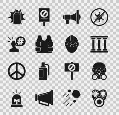 Gaz maskesi, hapishane penceresi, megafon, kurşun geçirmez yelek, Protesto, el bombası ve Özel Kuvvetler askeri ikonu. Vektör