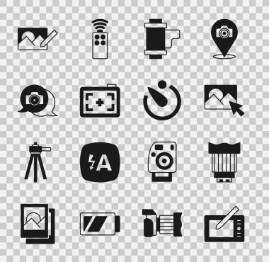 Grafik tableti, kamera fotoğraf lensi, fotoğraf rötuşlama, rulo kartuşu, kamera ve zamanlayıcı simgesini ayarlayın. Vektör