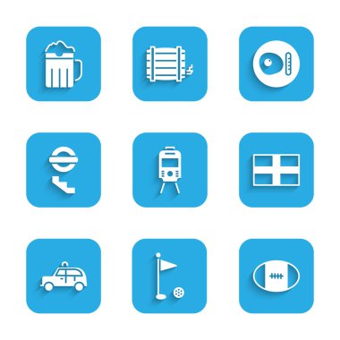 Tramvay ve tren seti, golf bayrağı, rugby topu, İngiltere bayrağı, taksi arabası, Londra yeraltı, İngiliz kahvaltısı ve tahta bira kupası ikonu. Vektör