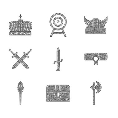 Hançer, antik hazine sandığı, ortaçağ baltası, ferman, parşömen, meşale alevi, çapraz ortaçağ kılıcı, boynuzlu kasklı Viking ve kral taç ikonu. Vektör