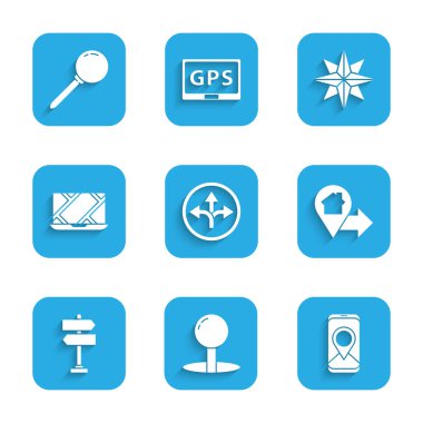 Yol trafik işaretini, pin itme işaretini, şehir haritası navigasyonunu, evi olan yeri, rüzgar yükselmesini ve ikonu ayarla. Vektör