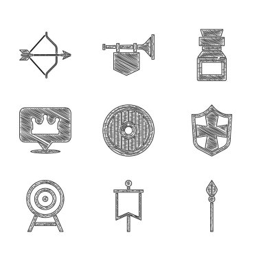 Yuvarlak tahta kalkan, ortaçağ bayrağı, mızrak, kalkan, oklu hedef, konum kral tacı, zehirli şişe ve ikon. Vektör