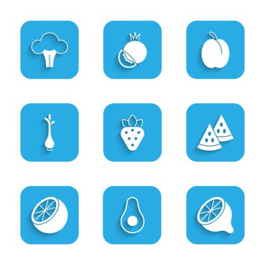 Çilek, avokado, limon, karpuz, portakal taze yeşil soğan, erik ve brokoli ikonu. Vektör