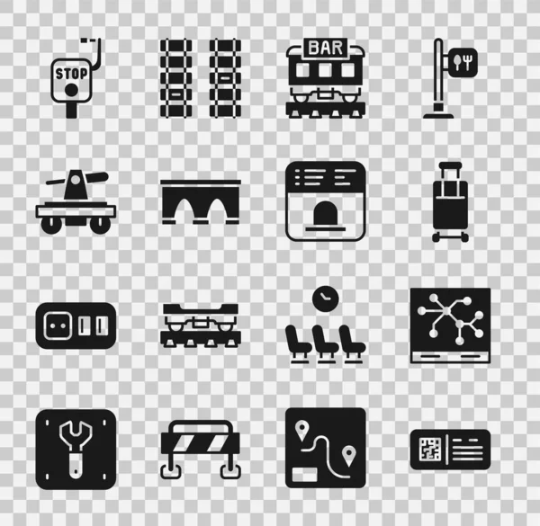 Establecer Código Ticket Train Mapa Del Ferrocarril Maleta Restaurante Puente — Archivo Imágenes Vectoriales