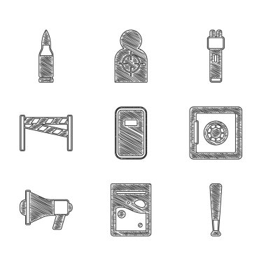 Polis saldırı kalkanı, plastik uyuşturucu torbası, beysbol sopası, güvenli, megafon, suç mahalli, elektrik şoku ve kurşun ikonu. Vektör