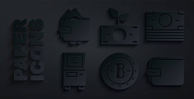 Bitcoin, Stacks kağıt para, ATM, Cüzdan, Para, demliği yerleştirin ve ikon ile. Vektör