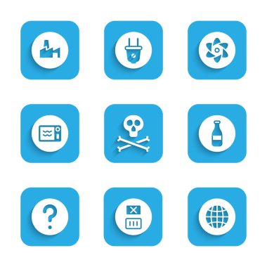 Kemik ve kafatası uyarısı, Sıcaklık Yıkama, Sosyal ağ, Şişe, Bilinmeyen Arama, Mikrodalga fırın, Test tüpü tüpü ve Fabrika üretim ikonu. Vektör