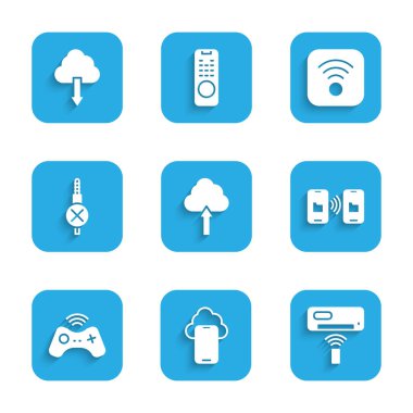 Bulut yükleme, teknoloji verileri, klima, veri transferi ve depolama, kablosuz oyun alanı, ses bağlantısı yok, kablosuz internet ve simge indir. Vektör