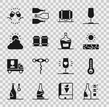 Şarap seti, Meteoroloji termometresi, kuraklık, tahta fıçı, güneş ve bulut havası, şarap tatma, degulasyon ve eski şişe ikonu. Vektör