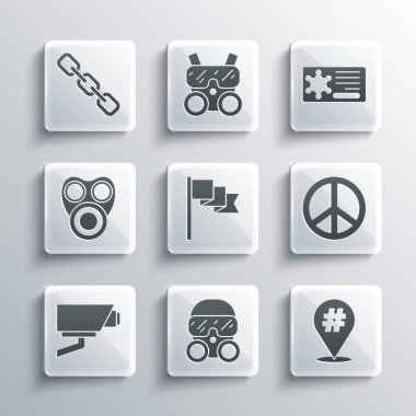 Gaz maskesi, Protesto, Barış, Konum belirleyicisi, Güvenlik kamerası, Zincir halkası ve Polis rozet ikonu ayarlayın. Vektör