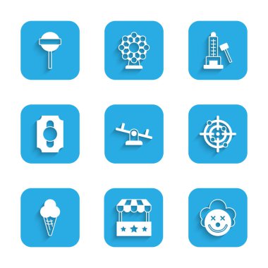 Seesaw, Bilet gişesi, Palyaço kafası, Target sporu, Waffle külahında dondurma, Sirk bileti, Çekiçli Striker cazibesi ve lolipop ikonu. Vektör