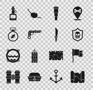 Korsan hazine haritası, bayrak, korsan kafataslı kalkan, Spyglass teleskop lensi, antika tabancalar, pusula, alkol içeceği ve kılıç ikonu. Vektör