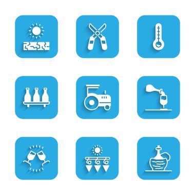 Set traktörü, kuru üzüm, şarap italyan fiyaskosu, tatma, degulasyon, şarap şişesi, meteoroloji termometresi ve kuraklık ikonu. Vektör